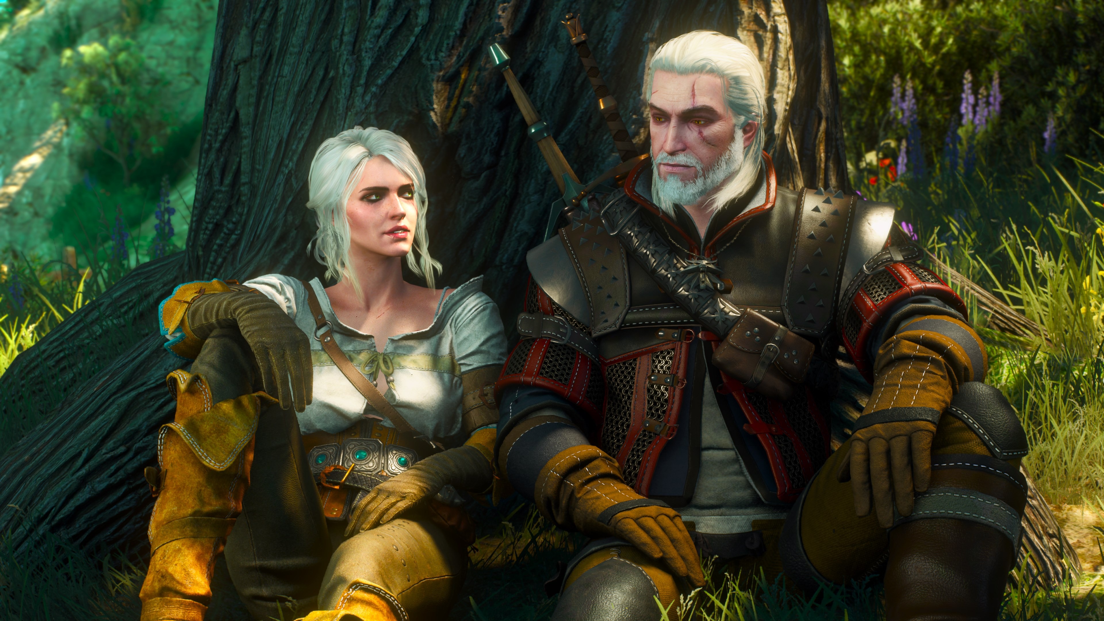 Geralt of Rivia with white hair and Ciri with light hair sitting together under a large tree in a lush green forest wearing detailed fantasy armor.