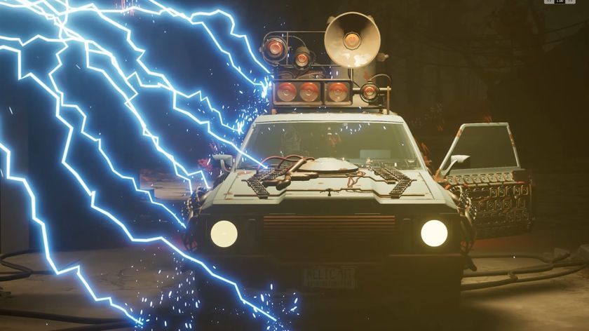 Pacific Drive Endless Expeditions spring 2025 update trailer still - a sexy, tricked-out 1980s station wagon being blasted with magic healing electricity