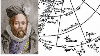 a drawing of tycho brahe with a fur coat and feathered hat, on left. on right is a diagram of the sky showing lines of latitude and longitude and various objects labeled, like the planet jupiter and the star arcturus