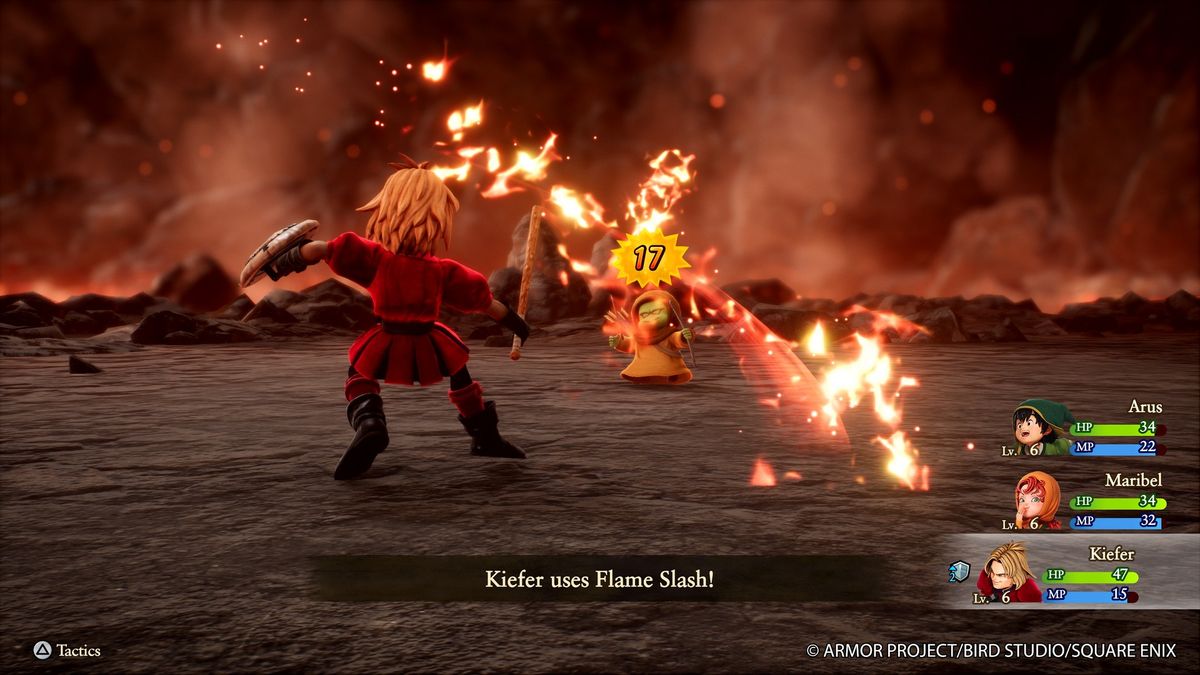 Kiefer in Dragon Quest 7 Reimagined attacks a small goblin with Flame Slash