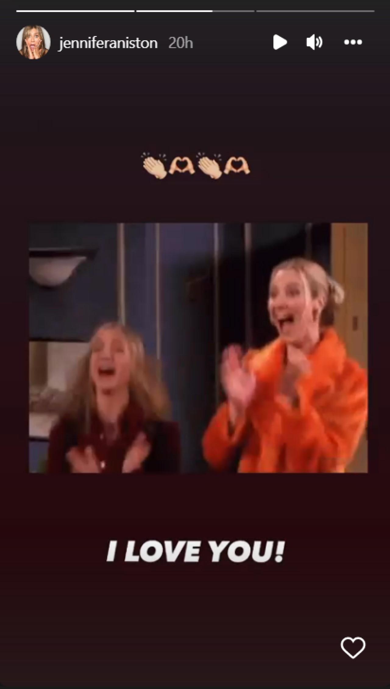 Jennifer Aniston and Lisa Kudrow in scene from Friends posted to Instagram Stories.