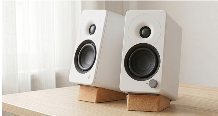 The Creative Technology XF1 desktop speakers on a desk.