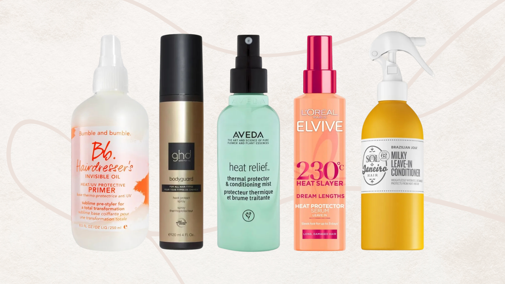 5 of the best heat protection sprays for hair in this guide from (left to right) Bumble and bumble, ghd, Aveda, L'Oreal and Sol de Janeiro, set against a pale pink background with fine line detail