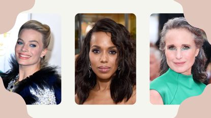 Collage of three celebrities wearing eyeliner looks, Margot Robbie, Kerry Washington and Andie McDowell