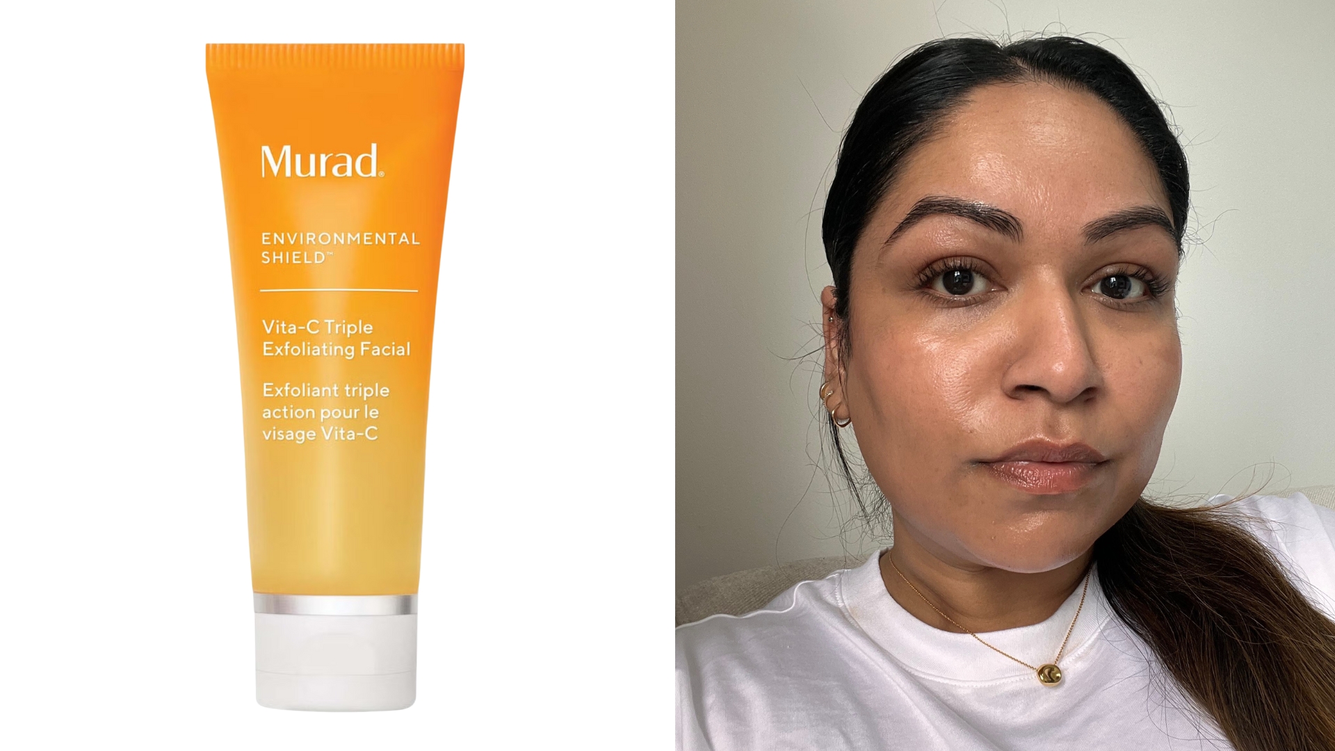 On the left, an image of the Murad Vita-C Triple Exfoliating Facial, on the right, an image of Aleesha Badkar with makeup-free skin