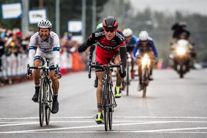 Cadel Evans (BMC) crosses the line for the win.