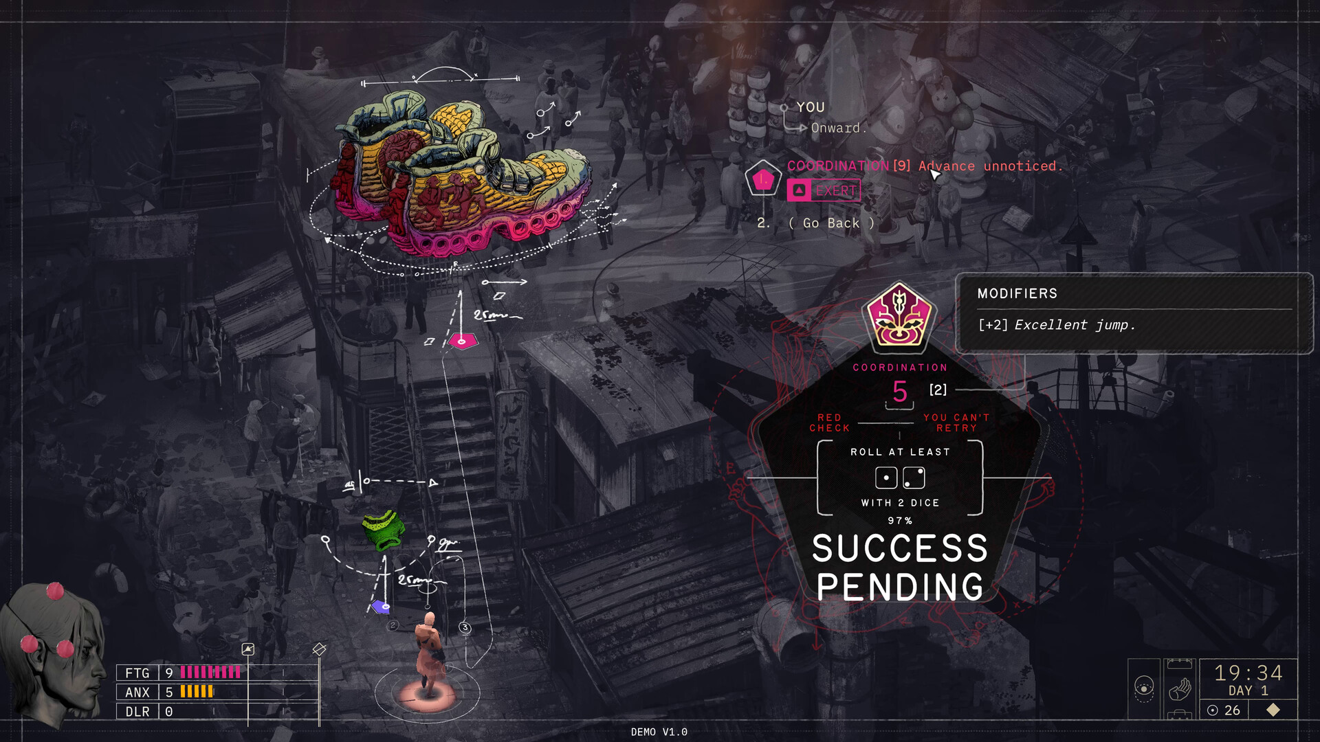 CASCADE weighs up choices during a Dramatic Encounter in the bootleg bazaar in Zero Parades