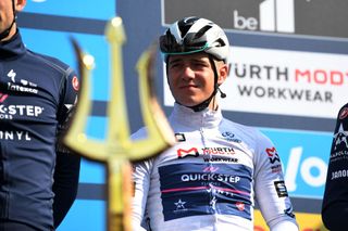 SOVICILLE ITALY MARCH 08 Detail view of Remco Evenepoel of Belgium and Team QuickStep Alpha Vinyl White Best Young Rider Jersey and the Trident Race Trophy during the team presentation prior to the 57th TirrenoAdriatico 2022 Stage 2 a 219km stage from Camaiore to Sovicille TirrenoAdriatico WorldTour on March 08 2022 in Sovicille Italy Photo by Tim de WaeleGetty Images