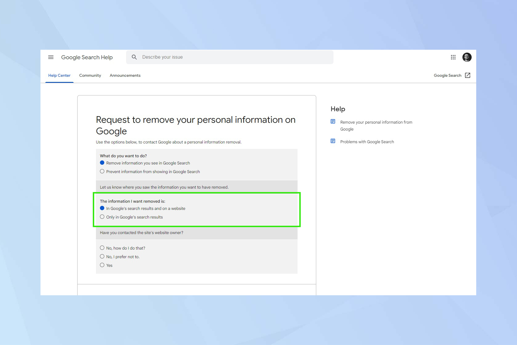 Screenshot showing the removal form from Google search - showing how to remove contact details from Google search