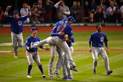 The Chicago Cubs celebrate winning the World Series.