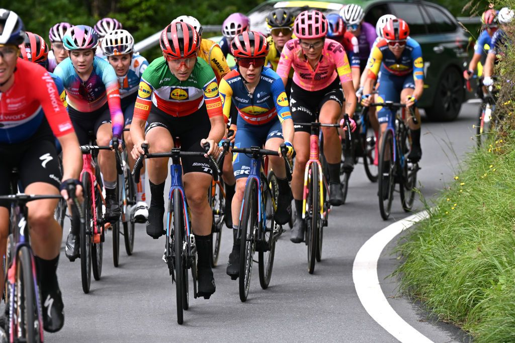 VILLARSSUROLLON SWITZERLAND JUNE 15 LR Elisa Longo Borghini of Italy and Gaia Realini of Italy and Team LidlTrek compete during the 4th Tour de Suisse Women 2024 Stage 1 a 586km stage from VillarssurOllon to VillarssurOllon 1249m UCIWWT on June 15 2024 in VillarssurOllon Switzerland Photo by Tim de WaeleGetty Images