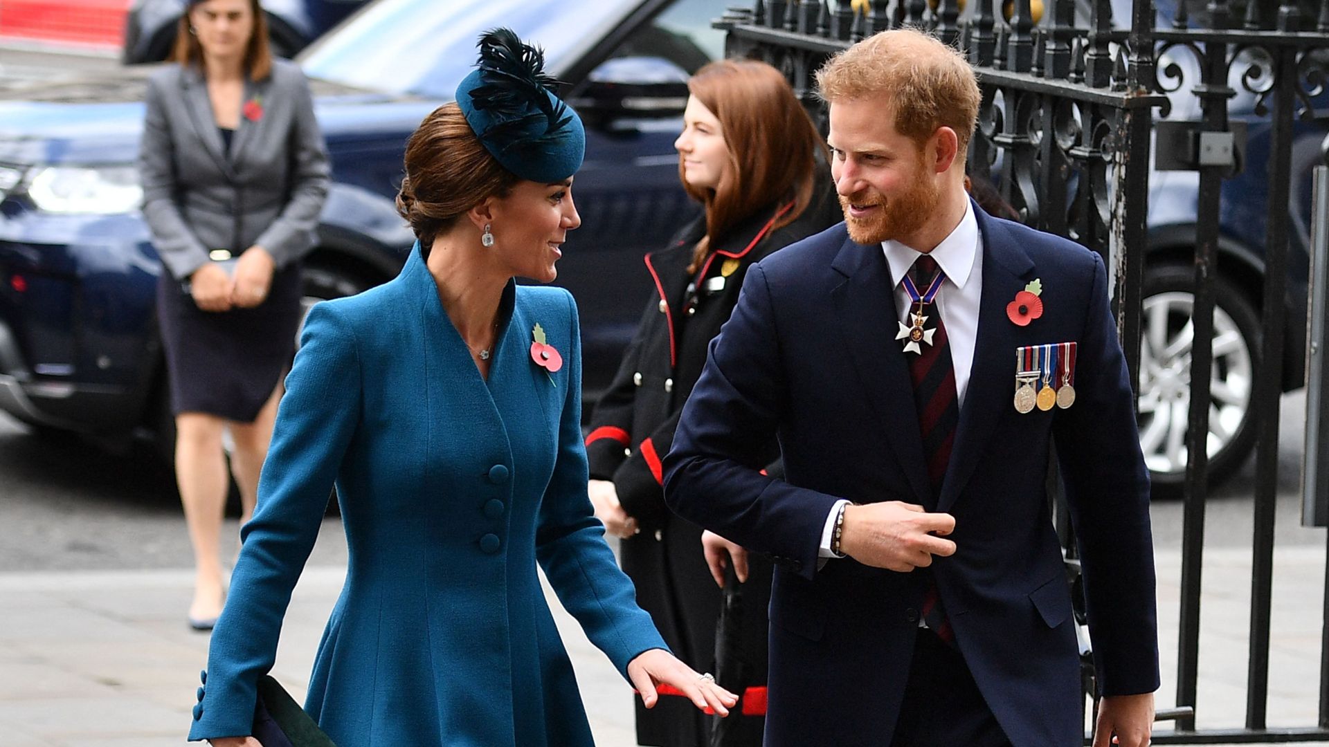 Kate Middleton and Prince Harry attend a service of commemoration and thanksgiving to mark Anzac Day in Westminster Abbey in London on April 25, 2019