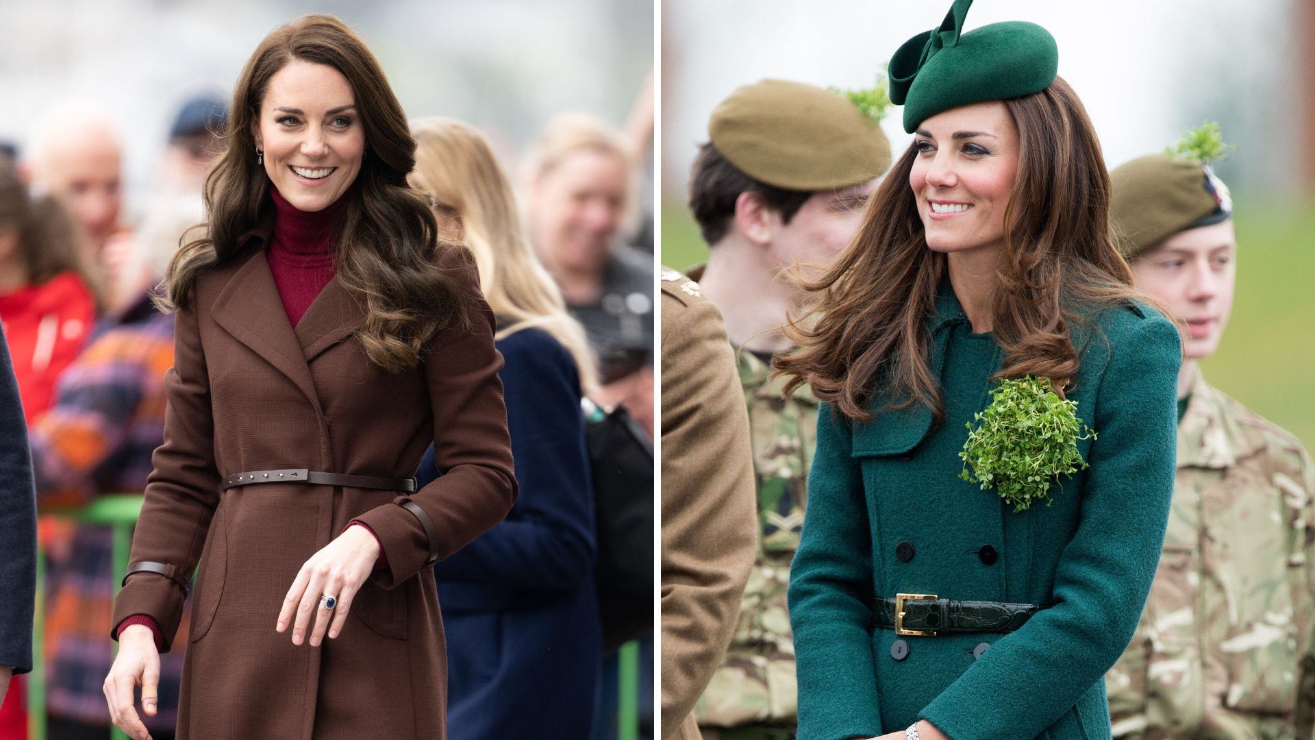 A composite of two pictures of Kate Middleton wearing different coats with belts