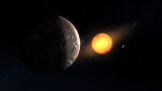 An artist's illustration of the potentially habitable exoplanet Kepler-1649c orbiting its host red dwarf star. 