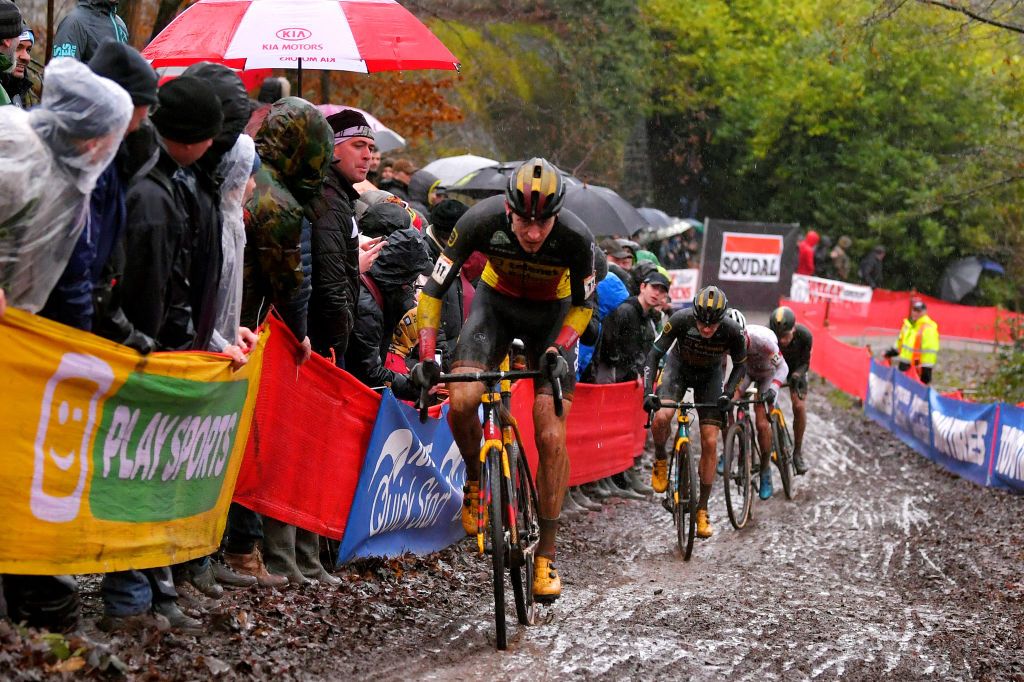 NAMUR BELGIUM DECEMBER 22 Toon Aerts of Belgium and Team Telenet Baloise Lions Corne Van Kessel of The Netherlands and Team Telenet Baloise Lions Eli Iserbyt of Belgium and Team Pauwel Sauzen Bingoal Public Fans Mud during the 11th Namur World Cup 2019 UCICX TelenetUCICXWC on December 22 2019 in Namur Belgium Photo by Luc ClaessenGetty Images