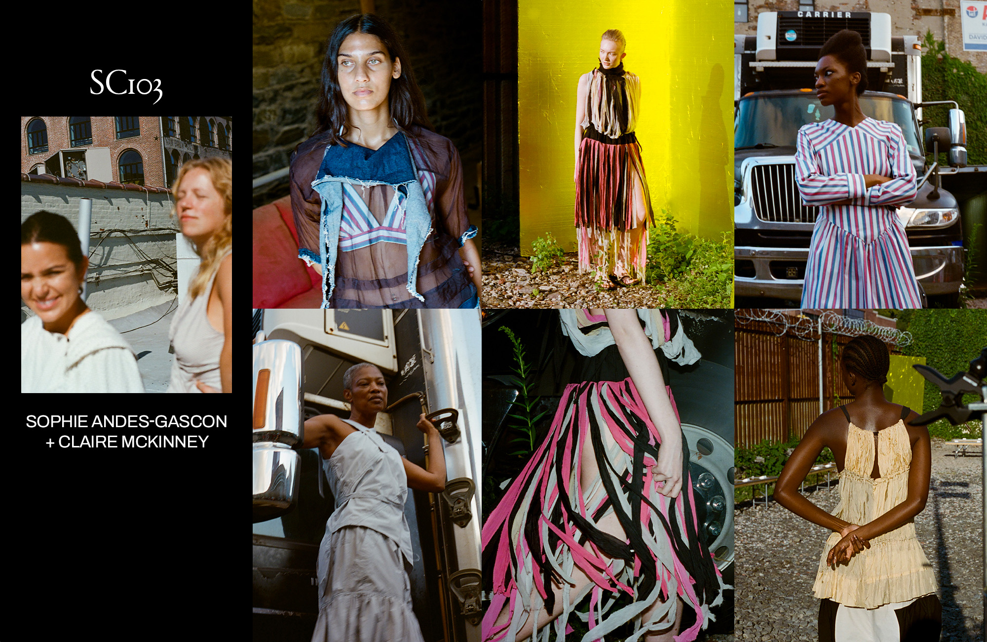 A collage featuring a portrait of Sophie Andes-Gascon and Claire McKinney of SC103 and models wearing black sheer shirts, striped clothing, and fringed dresses.