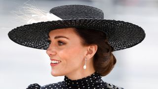 Catherine, Duchess of Cambridge wears a wide brim hat as she attends a Service of Thanksgiving for the life of Prince Philip, Duke of Edinburgh at Westminster Abbey on March 29, 2022 in London, England. Prince Philip, Duke of Edinburgh died aged 99 on April 9, 2021.