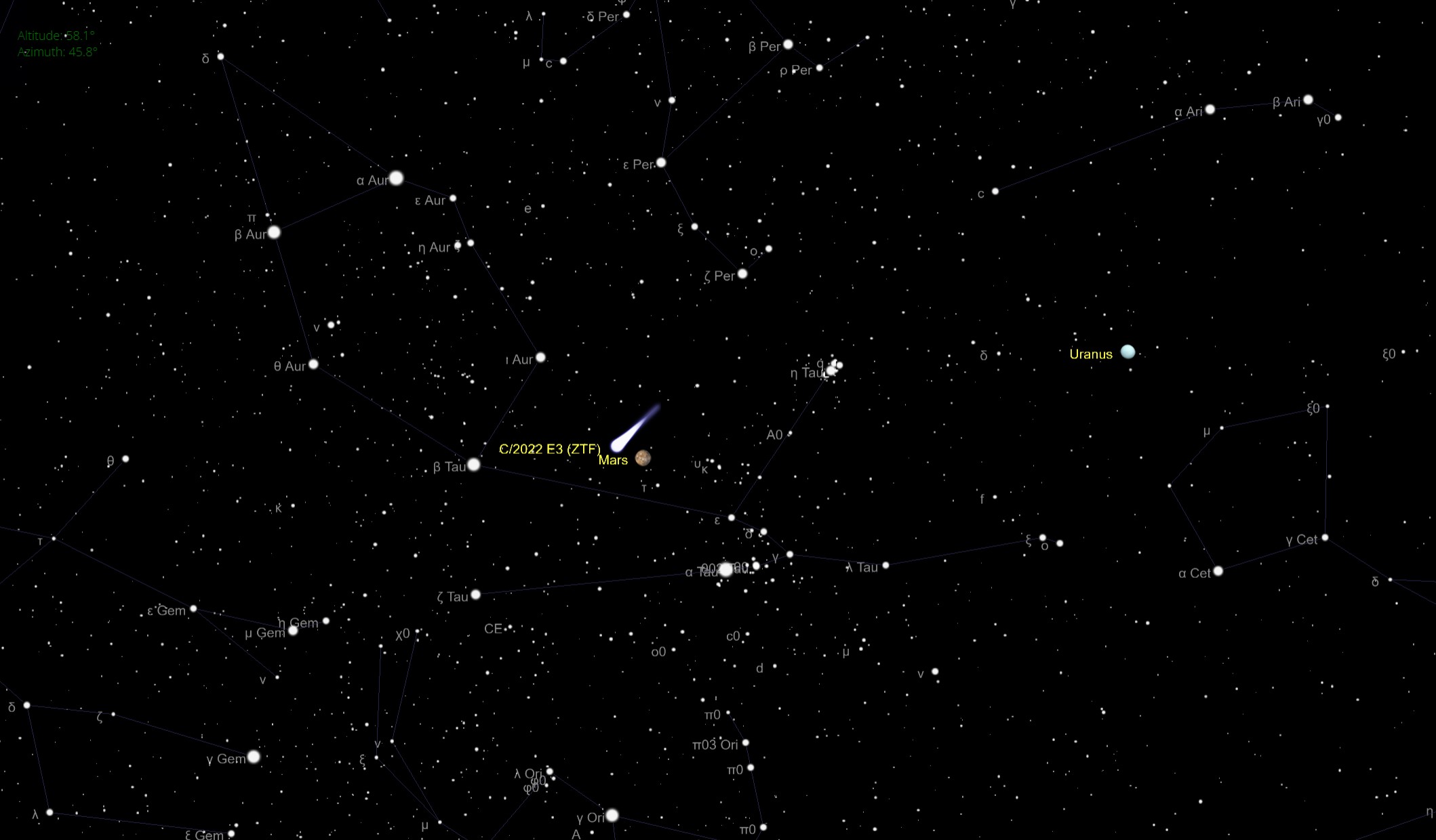 10 फरवरी को शाम 6:45 बजे ईएसटी (2345 जीएमटी) पर न्यूयॉर्क शहर से उत्तर की ओर मुंह किए हुए रात के आकाश का एक चित्रण, धूमकेतु सी/2022 ई3 जेडटीएफ को मंगल ग्रह के करीब दिखा रहा है।