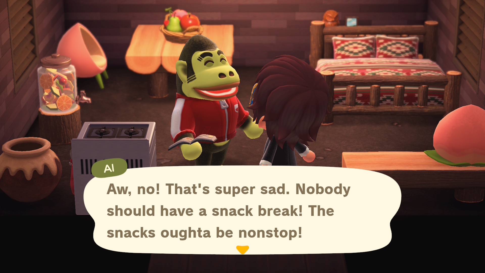 Al, a gorilla villager in a tracksuit, in Animal Crossing New Horizons tells the player to snack non-stop