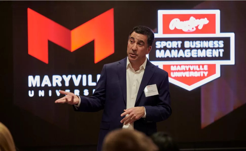 Michael Zlaket, president and CEO of Rawlings Sporting Goods Co., speaks to Rawlings Sports Business Management students at Maryville University.