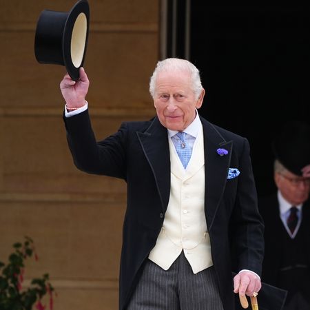 King Charles tipping his hat at a garden party