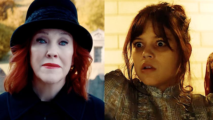 Catherine O'Hara, all in black, returning as Delia Deetz in BeetleJuice Beetlejuice, Jenna Ortega as Astrid Deetz. 