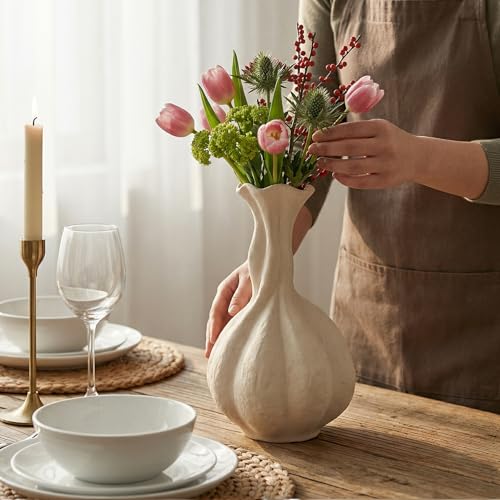 Dowan Ceramic Flower Vase, 10" Decorative Pampas Vase for Home Decor, Modern Farmhouse Pottery Vase for Living Room Table Kitchen Bedroom Coffee Desk Entryway Mantel Book Shelf, Soft White