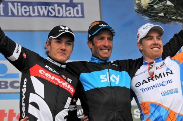 Heinrich Haussler (2nd, Cervelo), Juan Antonio Flecha (1st, Sky) and Tyler Farrar (3rd, Garmin-Transitions)