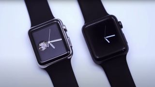 An Apple Watch besides an Apple Watch that's been fitted with a mechanical clock mechanism.