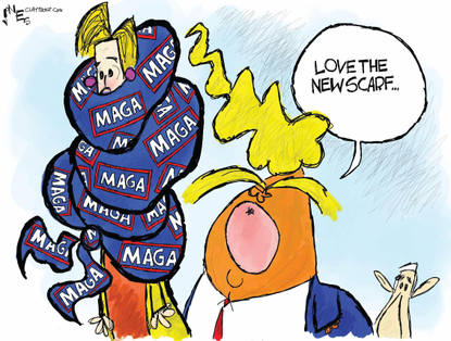 Political Cartoon U.S. Trump muffles voters MAGA 2020 election