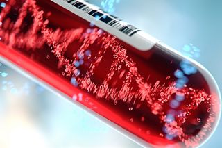 A test tube with an illustration of DNA.