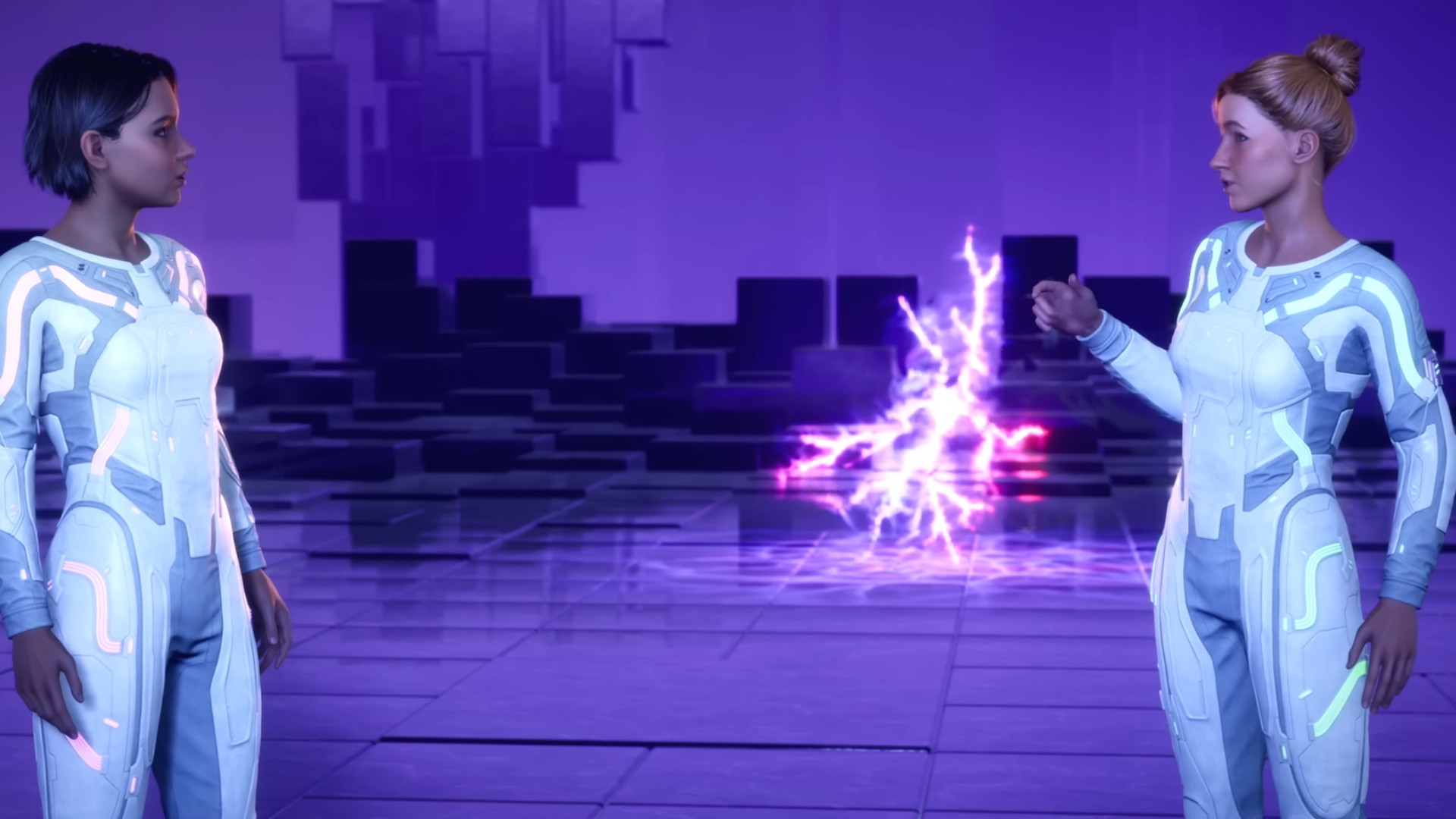 Mio and Zoe looking a glitch during one of the best Switch 2 games, Split Fiction.