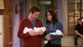 Courteney Cox and Matthew Perry as Monica and Chandler Bing on Friends