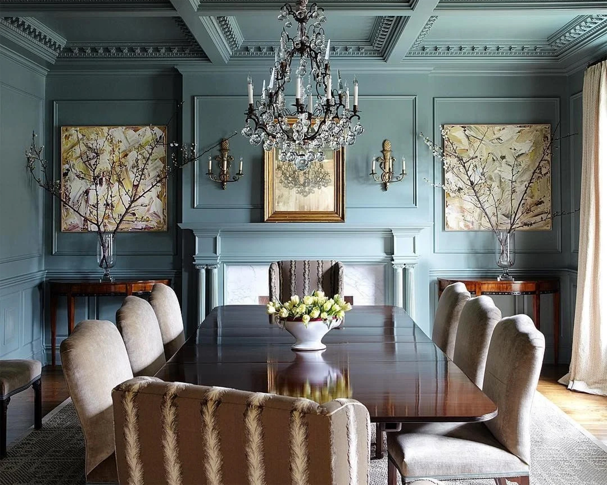 Farrow & Ball dining area with green blue wall paint decor and chandelier lighting design