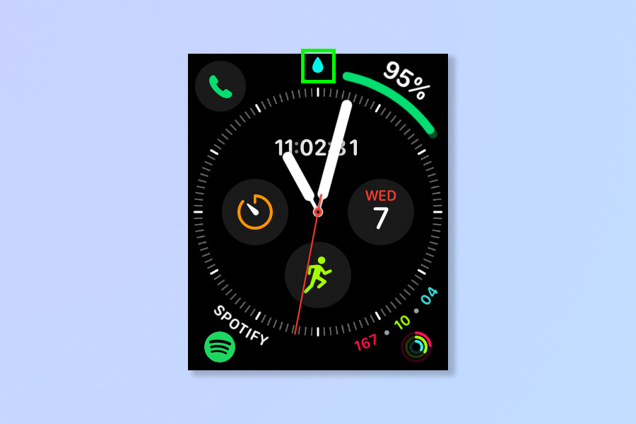 Снимок экрана, показывающий шаги, необходимые для удаления воды из Apple Watch.