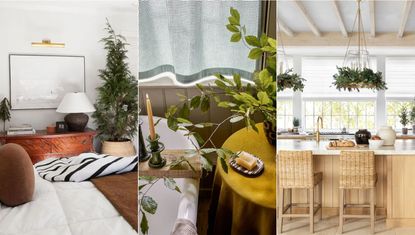 Unexpected places in the home to decorate for Christmas. Neutral bedroom with large christmas tree. Close up of bath with candles, side table decorated with vase of foliage. Kitchen decorated with festive foliage.