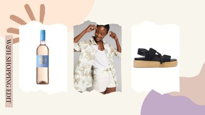 Three different products on a patterned background featured for woman and home's july shopping edit