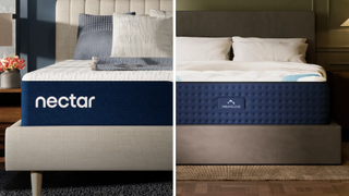 A split image featuring the Nectar Classic Memory Foam Mattress on the left and the DreamCloud Luxury Hybrid on the right, leading into the DreamCloud Luxury Hybrid vs Nectar Classic showdown