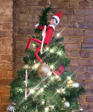 Elf on the shelf on top of the Christmas tree, being used as a Christmas tree topper
