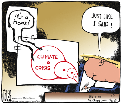 Political Cartoon U.S. Trump Climate Crisis Hoax Doctored Graphic
