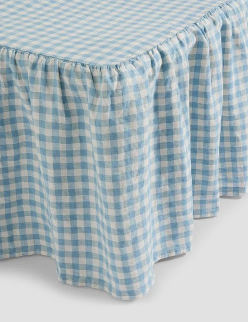 Warm Blue Gingham Linen Blend Bed Skirt