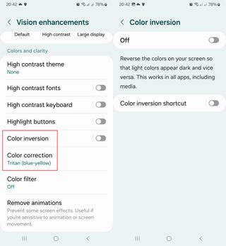 Vision enhancement options in Galaxy phone settings