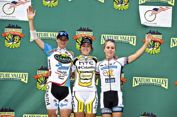 The women's stage podium (l-r): Theresa Cliff-Ryan(Colavita/Baci Pro Cycling Team), Chloe Hosking(HTC Columbia) and Shelley Evans(Peanut Butter &amp; Co TWENTY12)