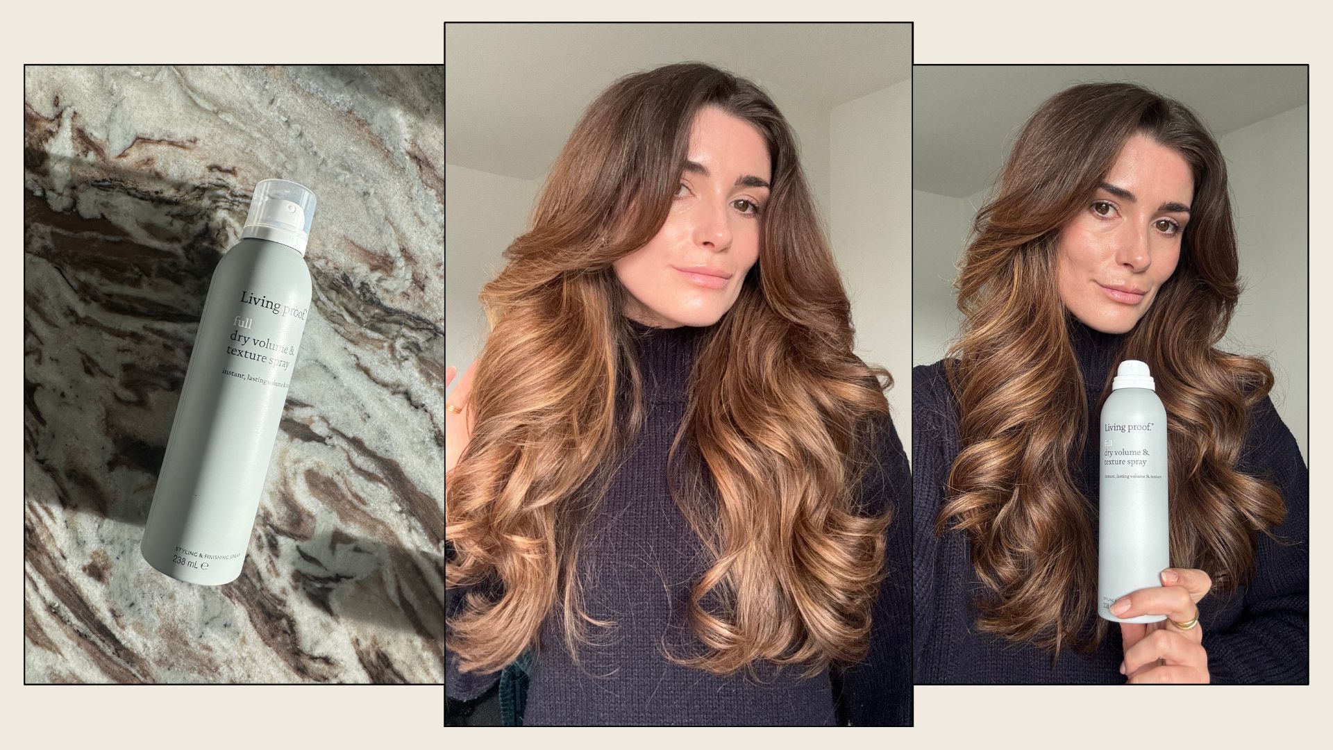 A collage with pictures of Eleanor testing the Living Proof Full Dry Volume and Texture Spray on her hair