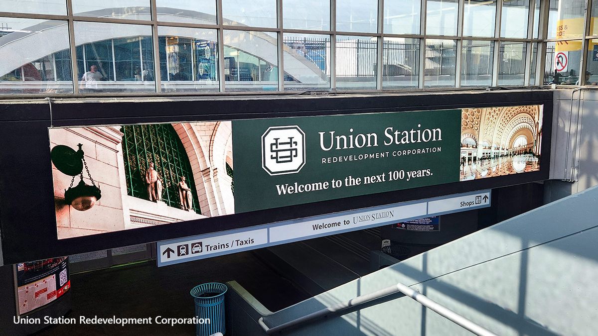 The LED display at Union Square station welcomes visitors. 