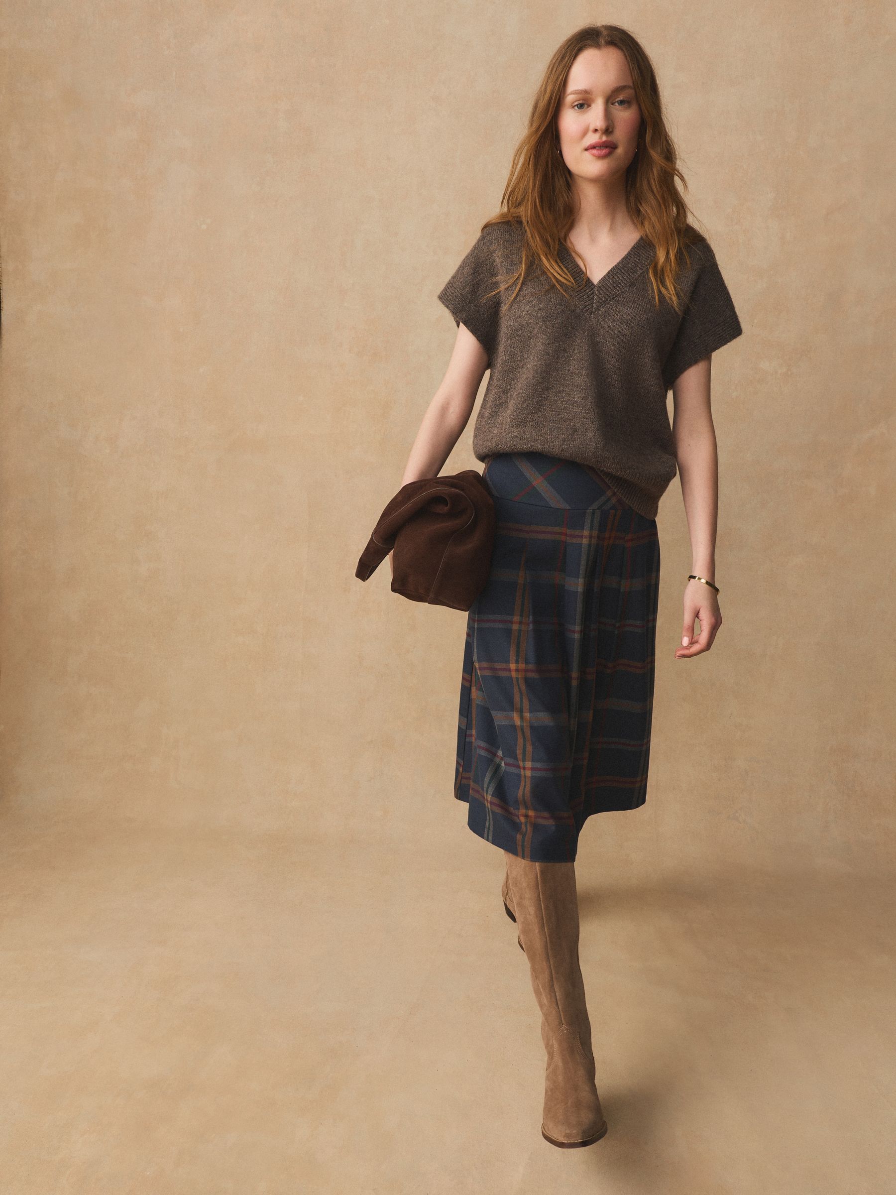 Navy Check Midi Kilt Skirt