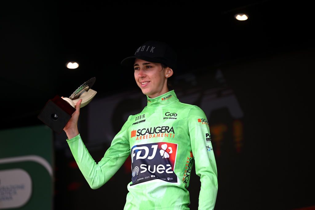BORGO VAL DI TORO ITALY JULY 03 Marta Cavalli of Italy and Team FDJ Suez celebrates at podium as Green Mountain Jersey winner during the 34th Giro dItalia Donne 2023 Stage 4 a 134km stage from Fidenza to Borgo Val di Toro UCIWWT on July 03 2023 in Borgo Val di Toro Italy Photo by Dario BelingheriGetty Images
