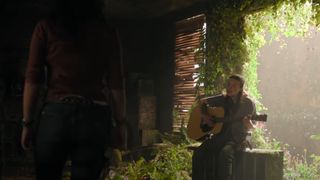 Ellie (Bella Ramsey) playing a guitar and serenading Dina (Isabela Merced) in The Last of Us season 2