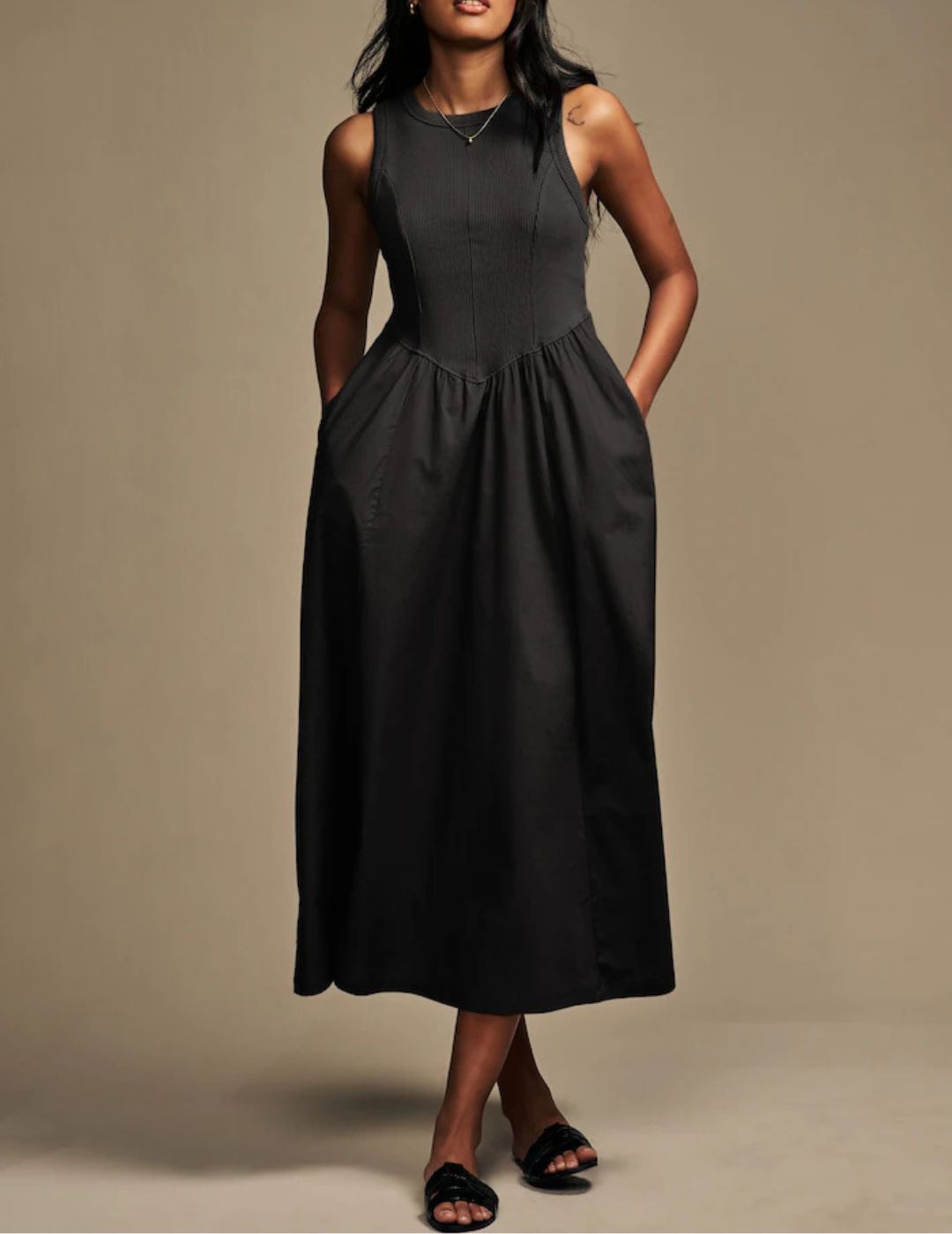Next , Woven Jersey Mix Sleeveless Racer Ribbed Midi Dress