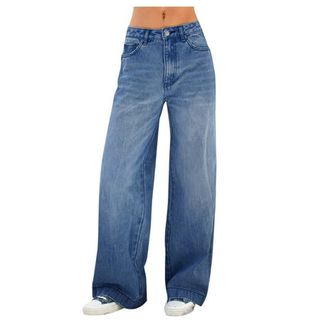 Lisingtool Jeans for Women Women's Casual Solid Wide Leg Pants Zipper Fly Pocket High Waist Jeans Trousers High Waisted Jeans for Women Dark Blue